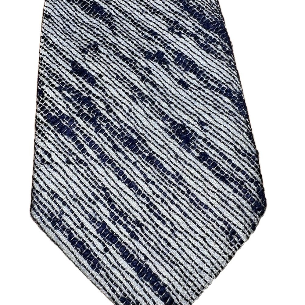 Mens Blue White Patterned Textured Diagonal Stripe Woven Tie